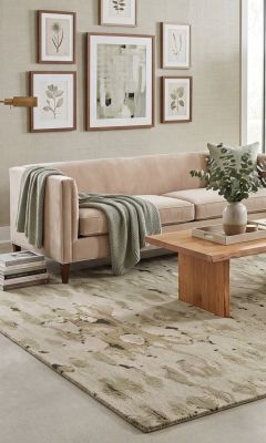 Contemporary designer rug in a modern living room with velvet furniture.