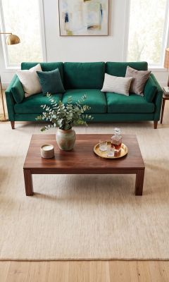 Modern beige designer rug in a living room with velvet furniture.
