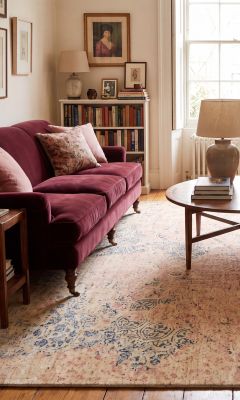 Modern designer rug in a classic living room with velvet furniture.