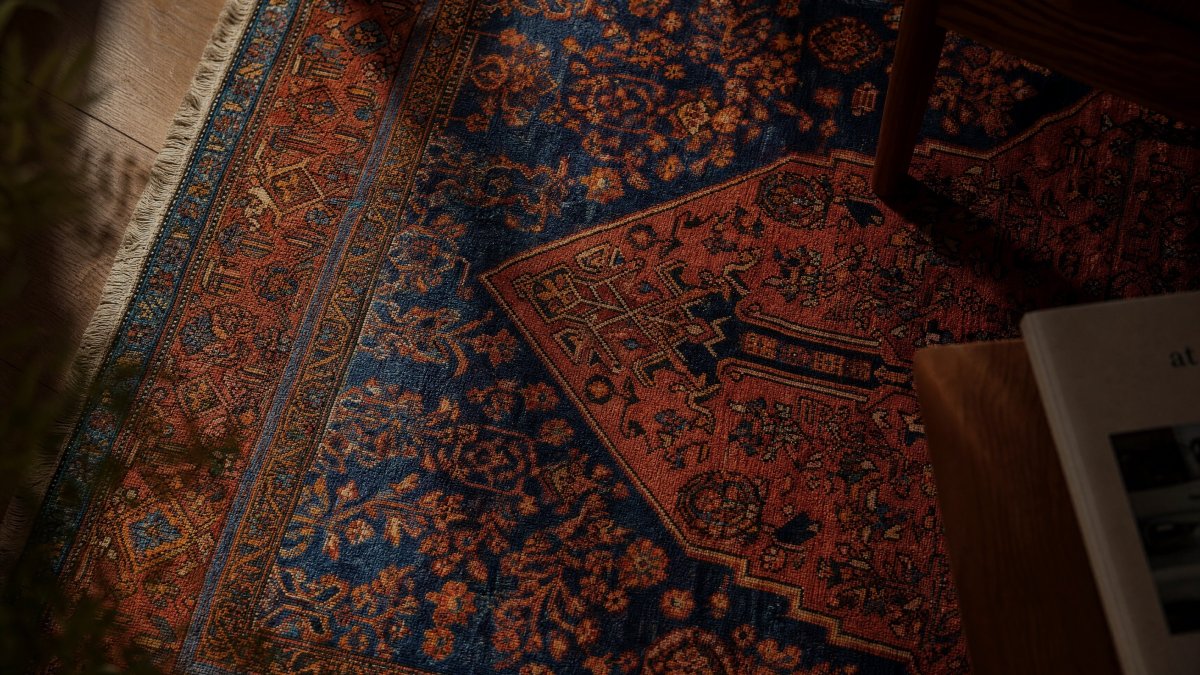 Close-up of a Bidjar rug in a dark setting